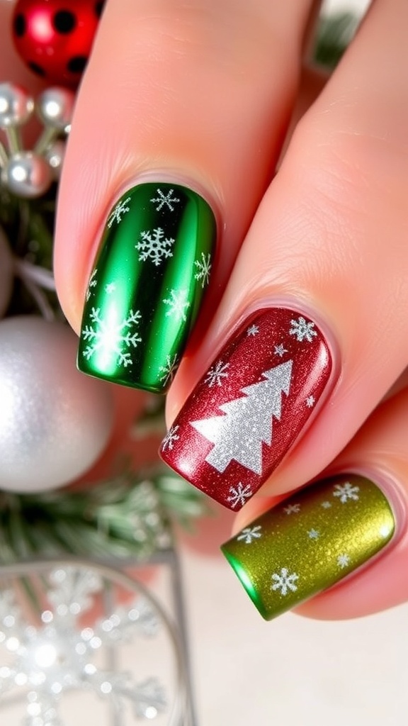 Close-up of chrome Christmas nail art with festive designs on shiny nails.